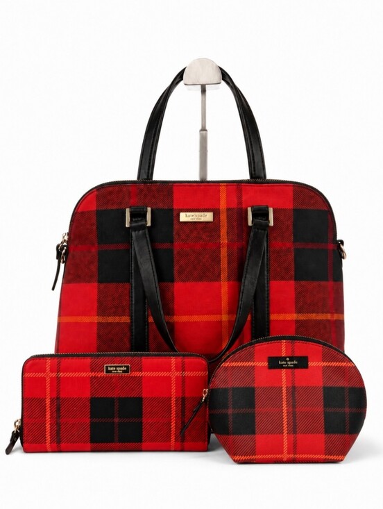 kate spade Handbags - Kate Spade Newbury Lane Red Rachelle Plaid Satchel Wallet Make-up Bag Combo OS